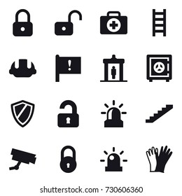 16 vector icon set : lock, unlock, stairs, building helmet, detector, safe, shield, unlocked, alarm, gloves