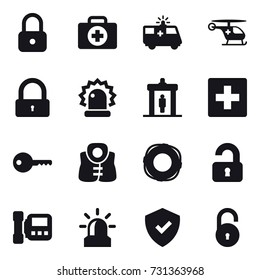 16 vector icon set : lock, detector, first aid, key, life vest, lifebuoy, unlocked, intercome, alarm