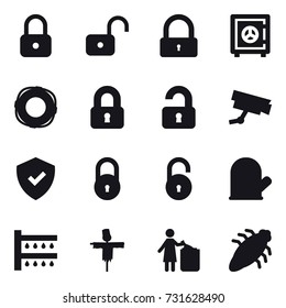 16 vector icon set : lock, unlock, safe, lifebuoy, locked, unlocked, cook glove, watering, scarecrow, garbage bin, bug