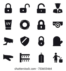 16 vector icon set : lock, unlock, uv cream, lifebuoy, locked, surveillance camera, cook glove, watering, dry wash, garbage bin