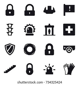 16 vector icon set : lock, building helmet, detector, first aid, shield, lifebuoy, locked, surveillance camera, stairs, gloves