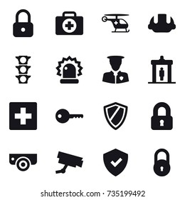 16 vector icon set : lock, building helmet, detector, first aid, key, shield, locked, surveillance camera