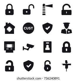 16 vector icon set : lock, unlock, lighthouse, smart house, atm, surveillance, identity card, locked, unlocked, scarecrow
