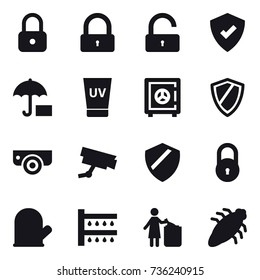 16 vector icon set : lock, unlock, uv cream, safe, shield, surveillance camera, cook glove, watering, garbage bin, bug