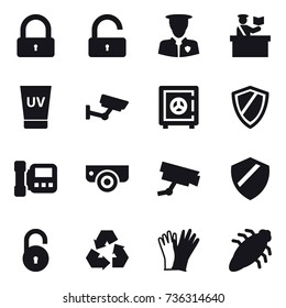 16 vector icon set : lock, unlock, inspector, uv cream, surveillance, safe, shield, intercome, surveillance camera, recycling, gloves, bug