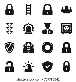 16 vector icon set : lock, stairs, building helmet, safe, shield, life vest, lifebuoy, locked, unlocked, alarm