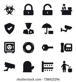 16 vector icon set : lock, unlock, surveillance, safe, lifebuoy, key, intercome, cook glove, watering, garbage bin