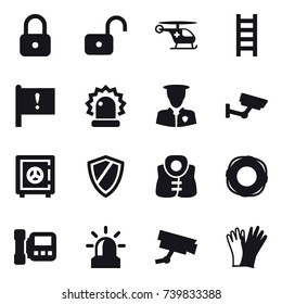 16 vector icon set : lock, unlock, stairs, surveillance, safe, shield, life vest, lifebuoy, intercome, alarm, gloves