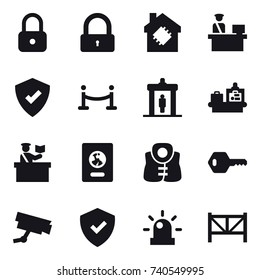 16 vector icon set : lock, smart house, vip fence, detector, baggage checking, inspector, passport, life vest, key, farm fence