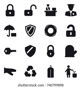 16 vector icon set : lock, unlock, shield, lifebuoy, unlocked, key, cook glove, recycling, dry wash, garbage bin