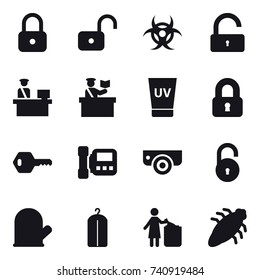 16 vector icon set : lock, unlock, inspector, uv cream, locked, key, intercome, surveillance camera, cook glove, dry wash, garbage bin, bug