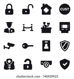 16 vector icon set : lock, unlock, smart house, vip fence, inspector, atm, surveillance, key, identity card, shield, life vest, unlocked, surveillance camera