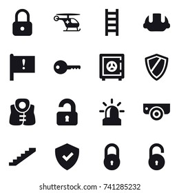 16 vector icon set : lock, stairs, building helmet, key, safe, shield, life vest, unlocked, alarm, surveillance camera