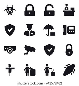16 vector icon set : lock, unlock, intercome, surveillance camera, scarecrow, garbage bin, bug