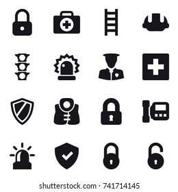 16 vector icon set : lock, stairs, building helmet, first aid, shield, life vest, locked, intercome, alarm