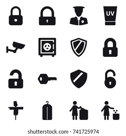 16 vector icon set : lock, uv cream, surveillance, safe, shield, locked, unlocked, key, scarecrow, dry wash, garbage bin