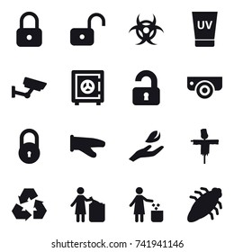 16 vector icon set : lock, unlock, uv cream, surveillance, safe, unlocked, surveillance camera, cook glove, hand leaf, scarecrow, recycling, garbage bin, bug