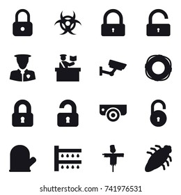 16 vector icon set : lock, unlock, inspector, surveillance, lifebuoy, locked, unlocked, surveillance camera, cook glove, watering, scarecrow, bug