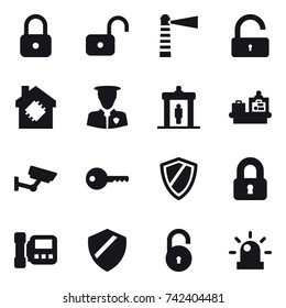 16 vector icon set : lock, unlock, lighthouse, smart house, detector, baggage checking, surveillance, key, shield, locked, intercome