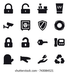 16 vector icon set : lock, unlock, uv cream, surveillance, safe, shield, lifebuoy, locked, unlocked, key, intercome, cook glove, hand leaf, recycling