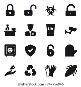 16 vector icon set : lock, unlock, uv cream, surveillance, safe, cook glove, hand leaf, recycling, gloves, bug