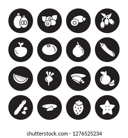 16 vector icon set : Loquat, Strawberry, Sweet potato, Tamarind, Tangerine, Star fruit, Yuzu, Watermelon, quince isolated on black background