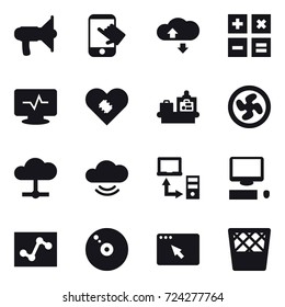 16 vector icon set : loudspeaker, touch, cloude service, calculator, baggage checking, cooler fan, trash bin