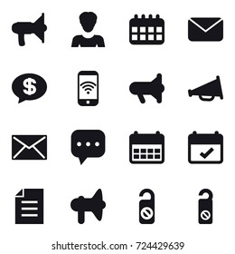 16 vector icon set : loudspeaker, woman, calendar, mail, money message, phone wireless, megafon, do not distrub