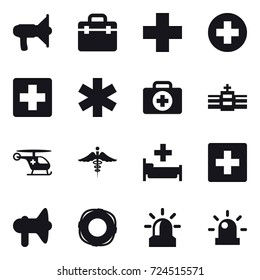 16 vector icon set : loudspeaker, hospital, first aid, lifebuoy, alarm