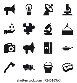 16 vector icon set : loudspeaker, bulb, satellite antenna, microscope, chamical industry, puzzle, camera, fridge, pan, axe, sweeper, bucket, sponge with foam