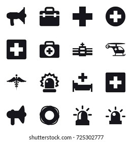 16 vector icon set : loudspeaker, hospital, first aid, lifebuoy, alarm