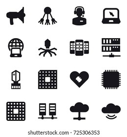16 vector icon set : loudspeaker, share, call center, notebook, notebook globe, virus, server, crystall  memory, cpu