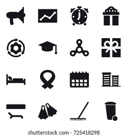 16 vector icon set : loudspeaker, statistic, alarm clock, gift, around gear, graduate hat, spinner, district, lounger, flippers, rake, trash bin