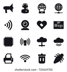 16 vector icon set : loudspeaker, call center, notebook globe, globe connect, wireless, web cam, trash bin, bug