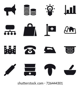 16 vector icon set : loudspeaker, coin stack, bulb, graph, structure, shopping bag, project, palace, phone, iron, colander, rolling pin, mortar