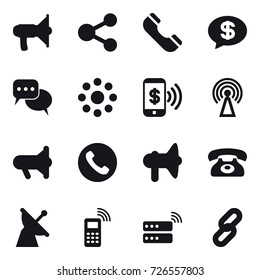16 vector icon set : loudspeaker, share, phone, money message, discussion, round around, phone pay, antenna, megafon
