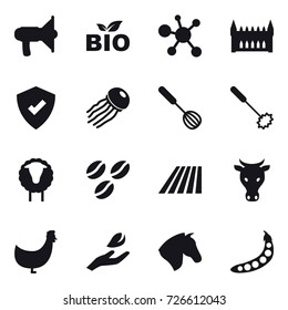 16 vector icon set : loudspeaker, bio, gothic architecture, jellyfish, whisk, sheep, coffee seeds, field, cow, chicken, hand leaf, horse, peas