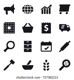 16 vector icon set : loudspeaker, globe, diagram, delivery, cpu, basket, receipt, magnifier, rolling pin, meat hammer, mortar, spikelets, viruses