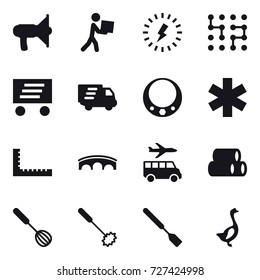 16 vector icon set : loudspeaker, courier, lightning, chip, delivery, necklace, ruler, bridge, transfer, whisk, spatula, goose