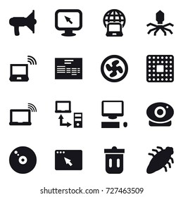 16 vector icon set : loudspeaker, monitor arrow, notebook globe, virus, notebook wireless, cooler fan, trash bin, bug