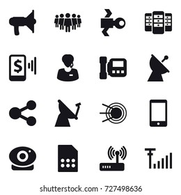 16 vector icon set : loudspeaker, team, satellite, server, mobile pay, intercome, satellite antenna