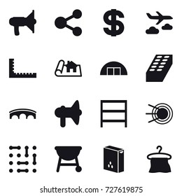 16 vector icon set : loudspeaker, share, dollar, journey, ruler, project, hangare, brick, bridge, rack, hanger