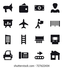 16 vector icon set : loudspeaker, wallet, money, woman, presentation, plane, courier, barcode, skyscraper, stairs, atm, house