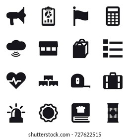 16 vector icon set : loudspeaker, report, flag, calculator, cloud wireless, market, shopping bag, list, block wall, measuring tape, suitcase, alarm