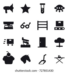 16 vector icon set : loudspeaker, star, vial, ufo, market scales, aquapark, door, horse, scoop, iron board