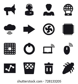 16 vector icon set : loudspeaker, call center, woman, notebook globe, cloud wireless, right arrow, cooler fan, trash bin, bug