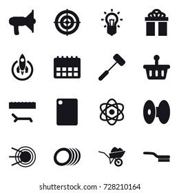 16 vector icon set : loudspeaker, target, bulb, gift, rocket, lounger, cutting board, wheelbarrow, brush