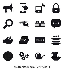 16 vector icon set : loudspeaker, touch, notebook wireless, lock, cruise ship, welcome mat, plate washing, gears, watering can, handle washing
