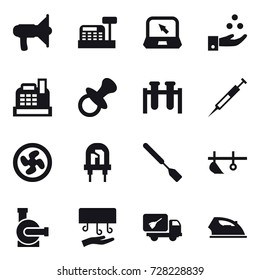 16 vector icon set : loudspeaker, cashbox, notebook, chamical industry, nipple, cooler fan, spatula, plow, water pump, hand dryer, home call cleaning, iron