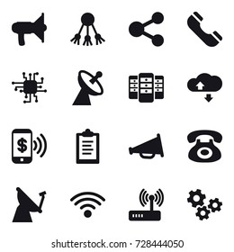 16 vector icon set : loudspeaker, share, phone, chip, satellite antenna, server, cloude service, phone pay, clipboard, gears